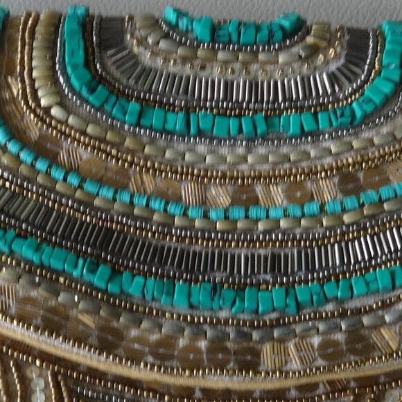Beaded purse, chain strap, magnet closure, turquoise, gold, silver, bronze beads - Picture 9 of 9